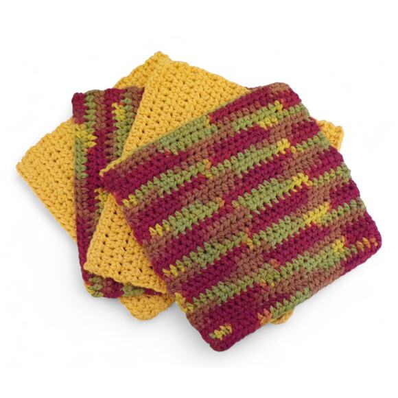 Handmade Crocheted Dishcloths Washcloths 100% Cotton 8" Gold and Autumn Ombre - Picture 1 of 2